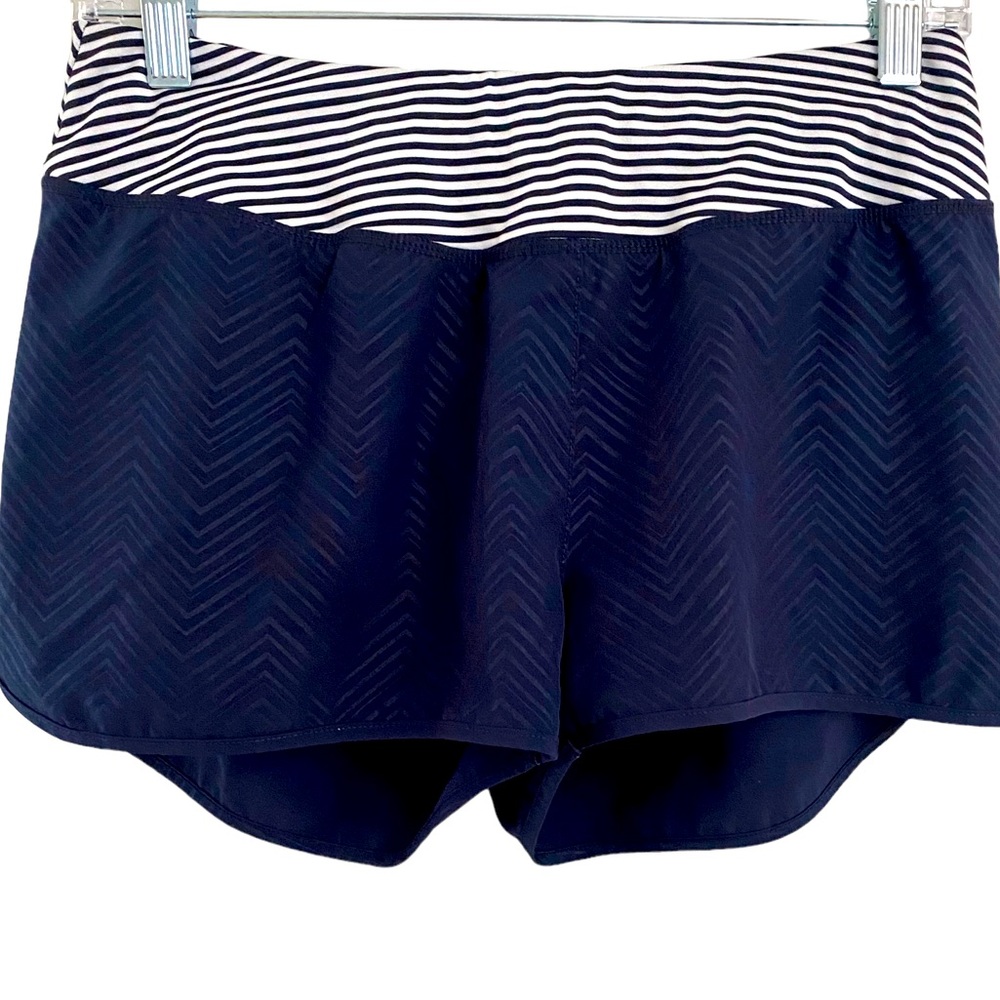 Mpg navy blue print w/ navy & white stripe waist running workout jogging shorts